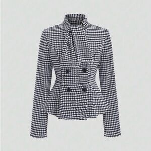 French Elegant Style Houndstooth Wool Blend Double-Breasted Slim Fit Blazer.